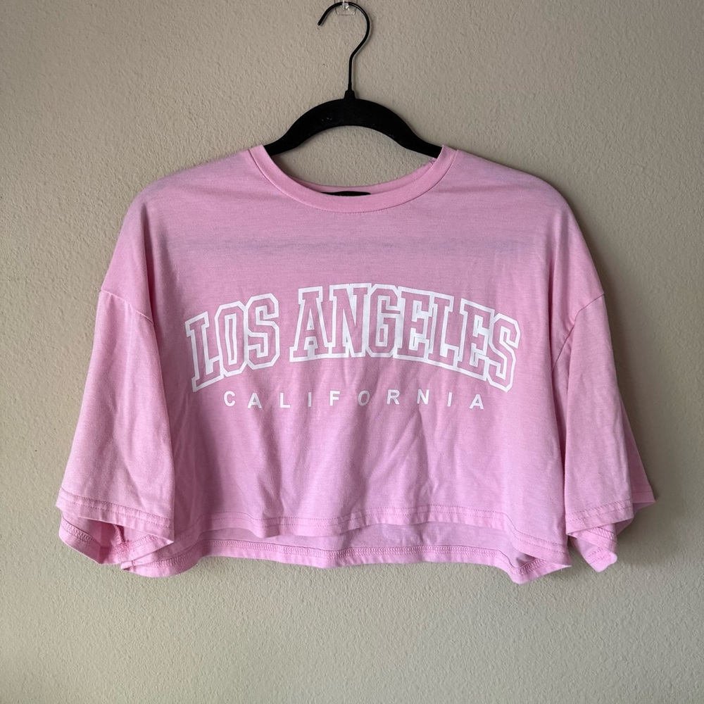 SHEIN Light Pink & White Los Angeles Crop Top Short Sleeve T-Shirt Tee Street